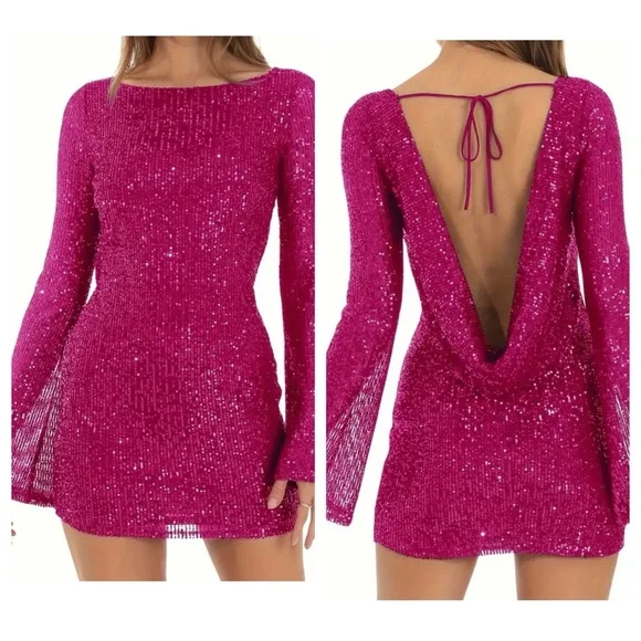 Pink Sequin Long Sleeve Backless Bodycon Mini Dress - Picture 1 of 5